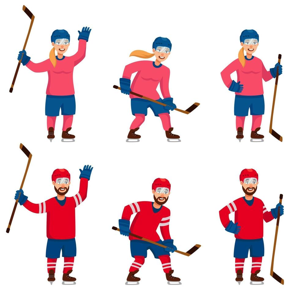 Jugadores de hockey masculinos y femeninos en diferentes poses. vector