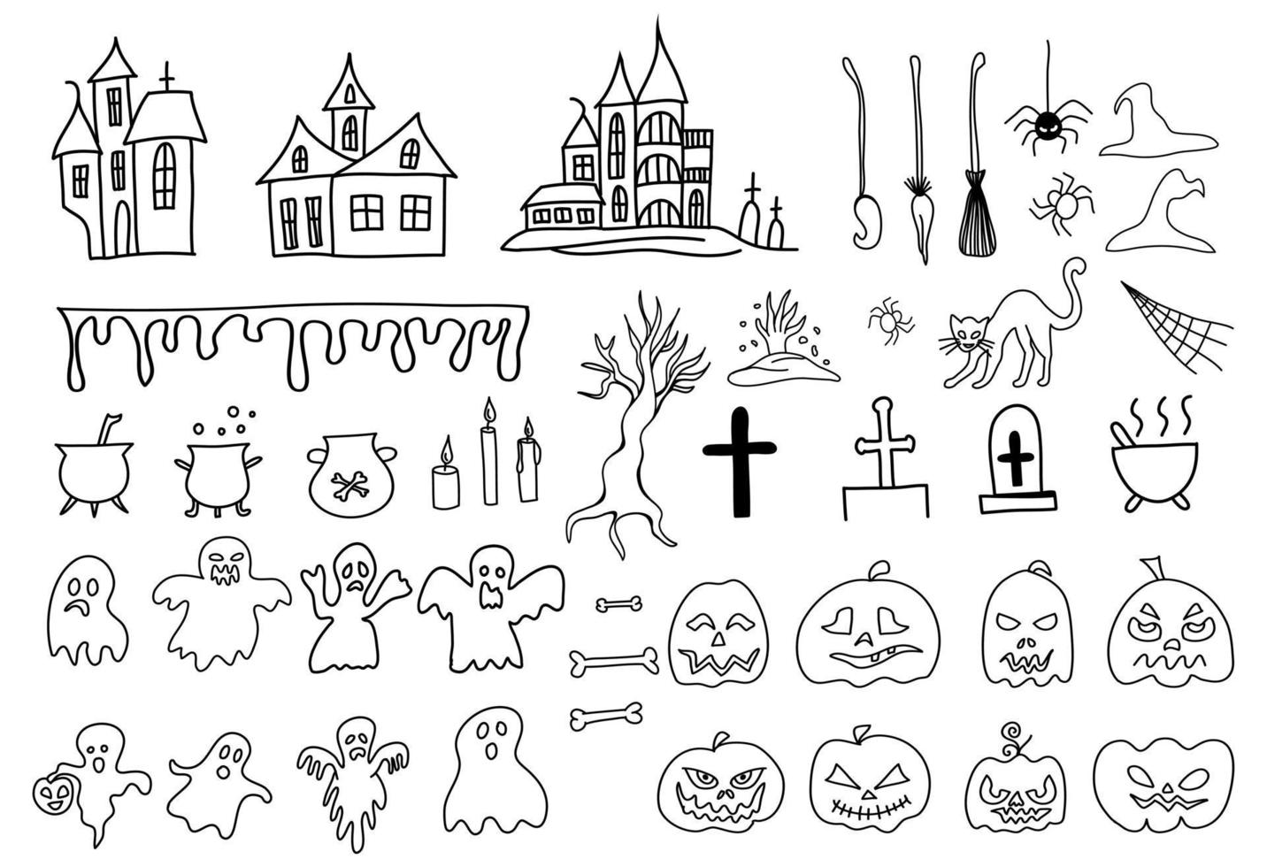 Set of Halloween doodle style vector on a white background.