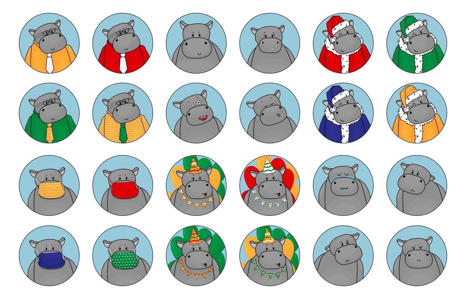 Set of cute emotions and situations of hippo vector