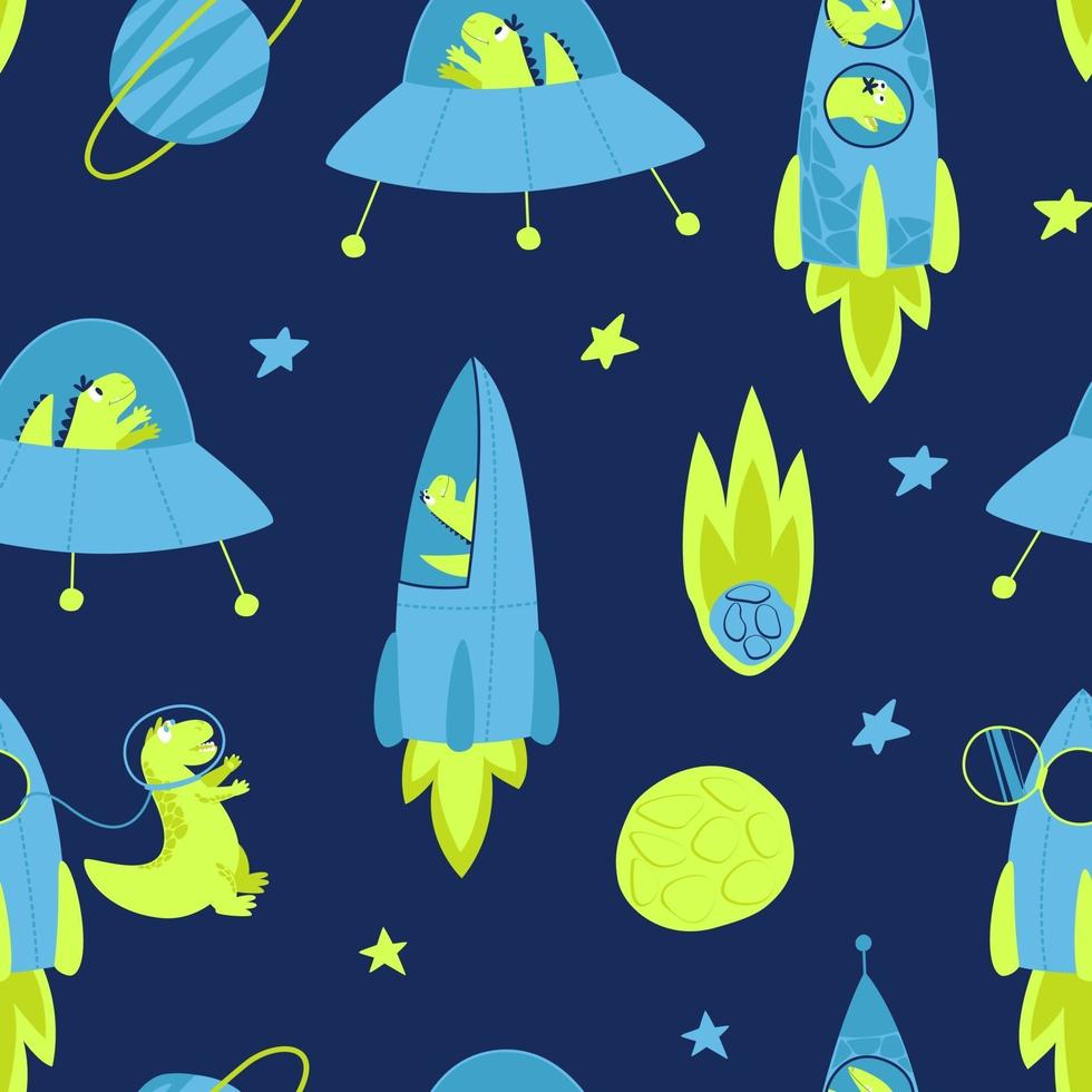 Children seamless pattern with space dinosaur vector