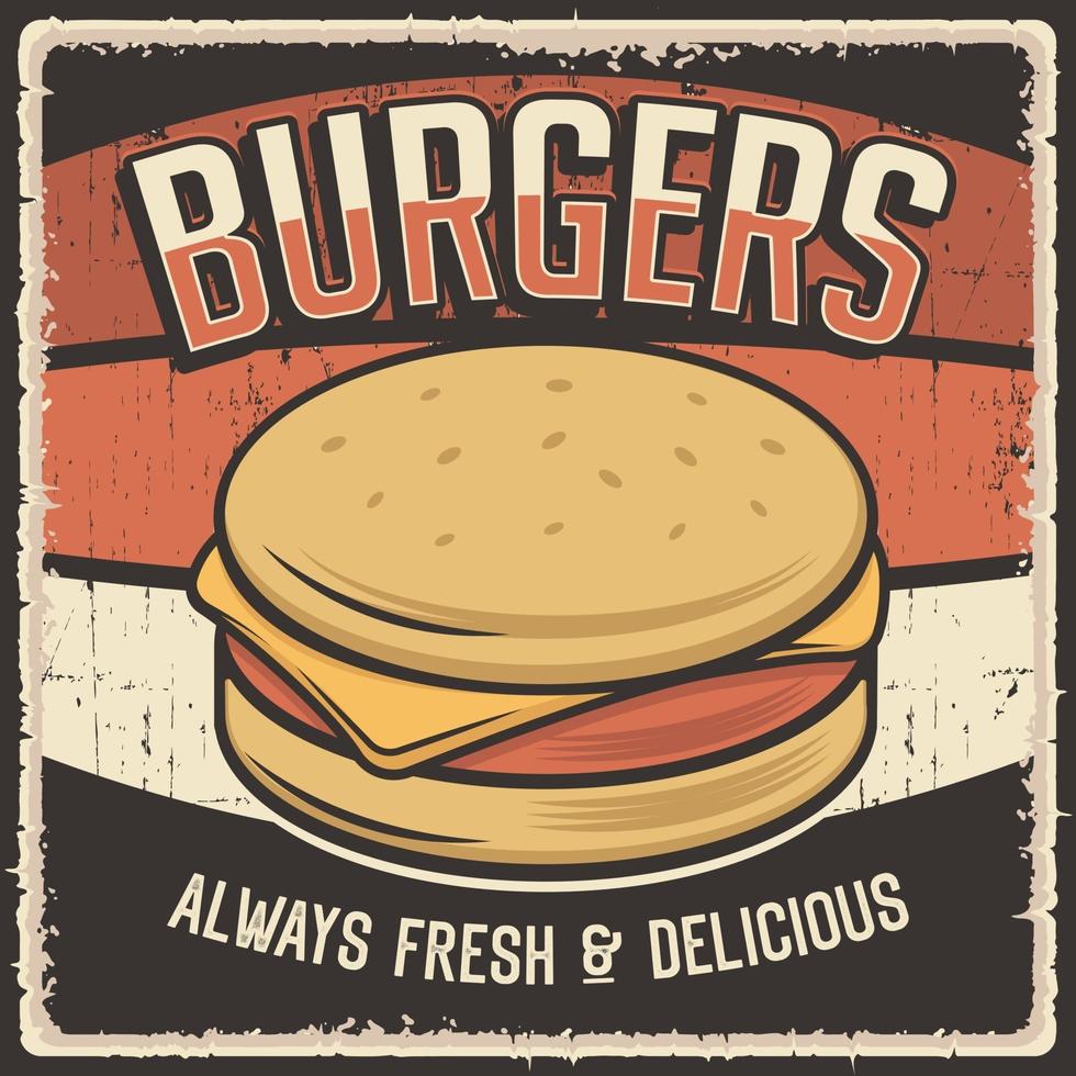 cartel de señalización de signo de arte de pared de hamburguesa vintage rústico retro vector