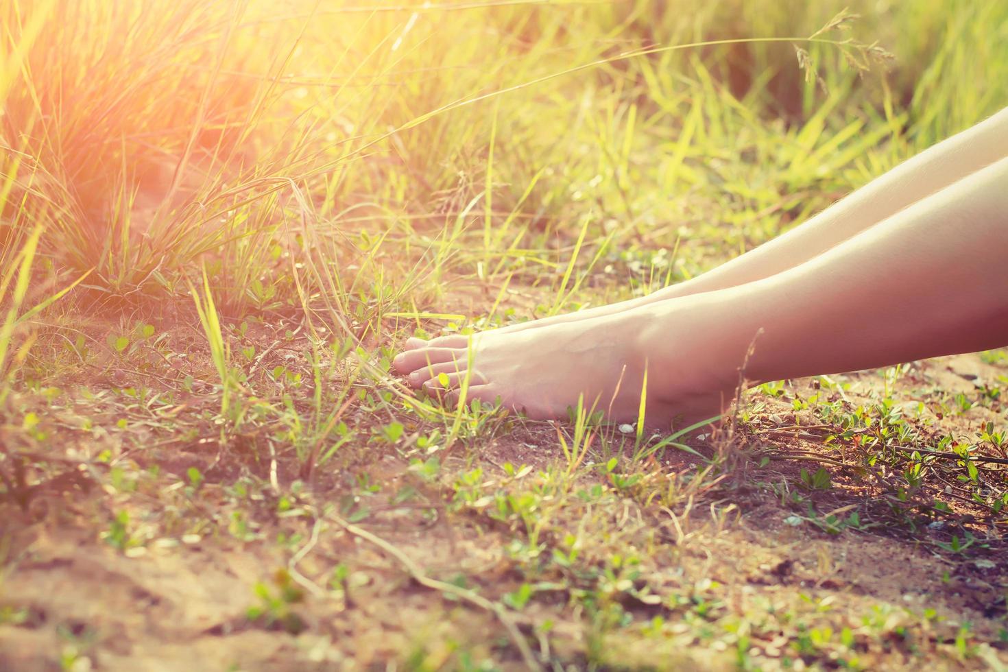 Feet of a young woman lying in a grass photo