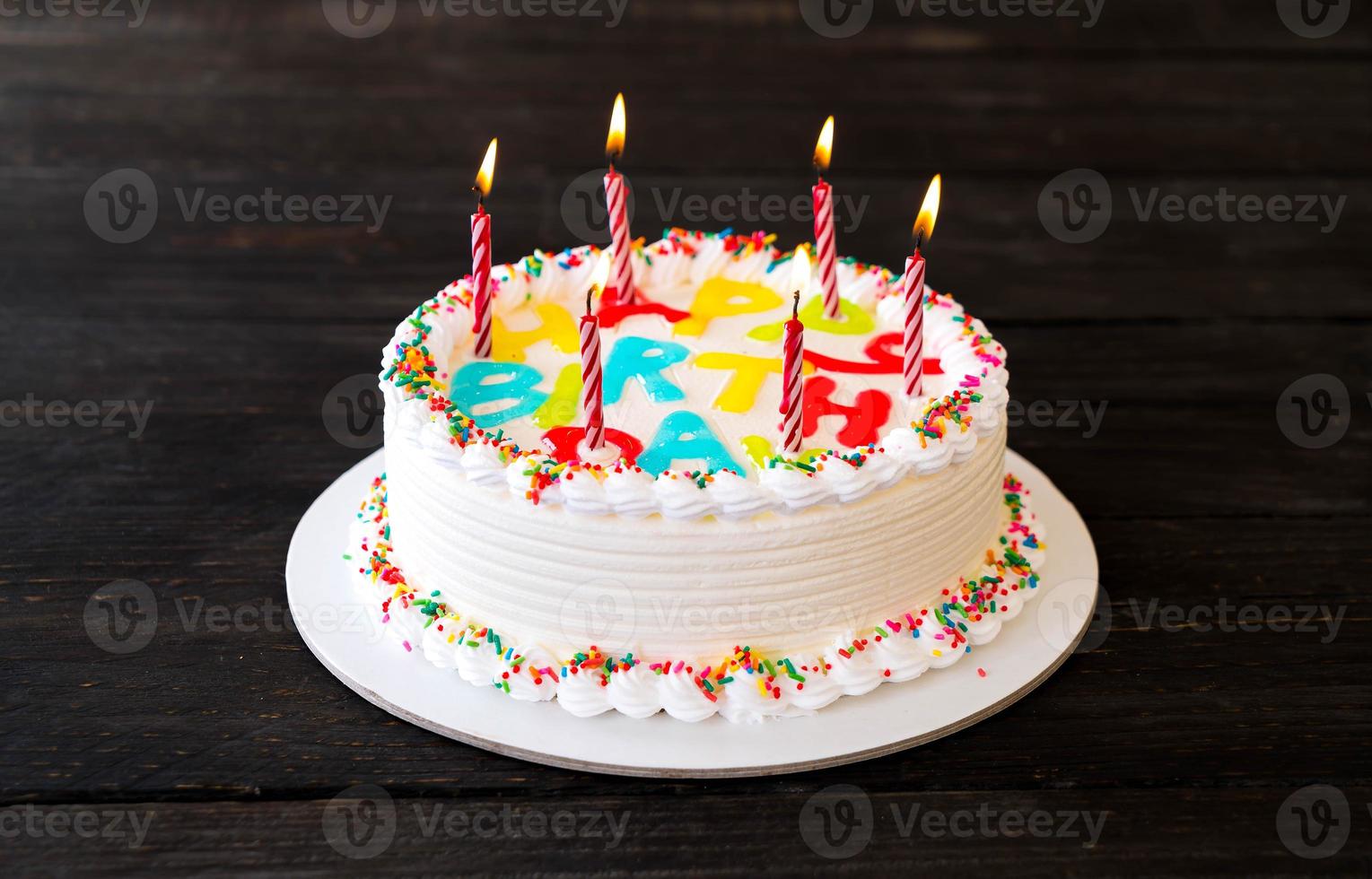 Happy birthday cake on table photo