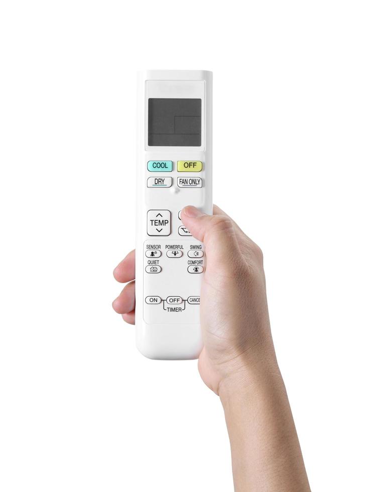 Hand holding air conditioner remote control on a white background photo