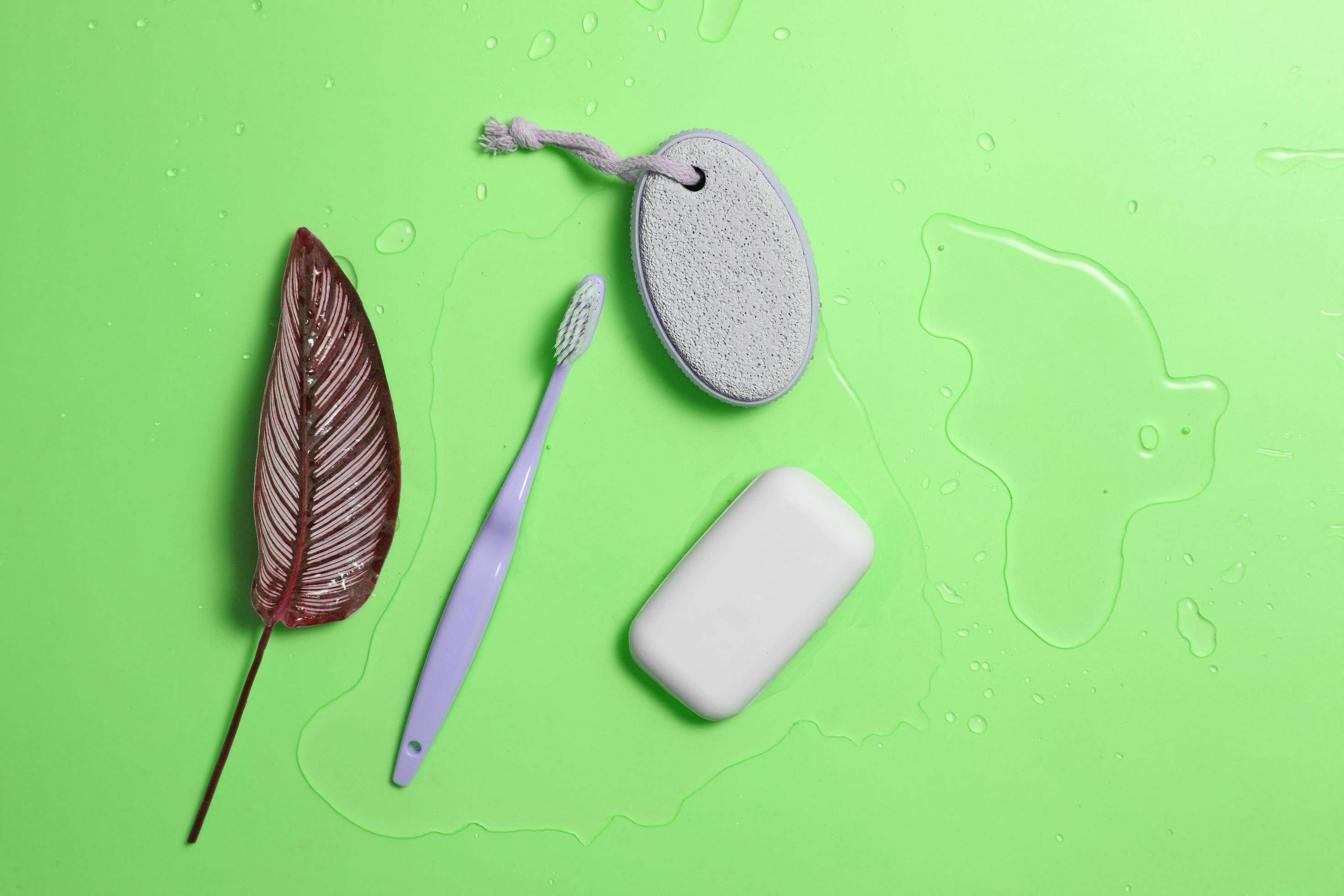 bath accessories and water on pastel background 3139148 Stock Photo at