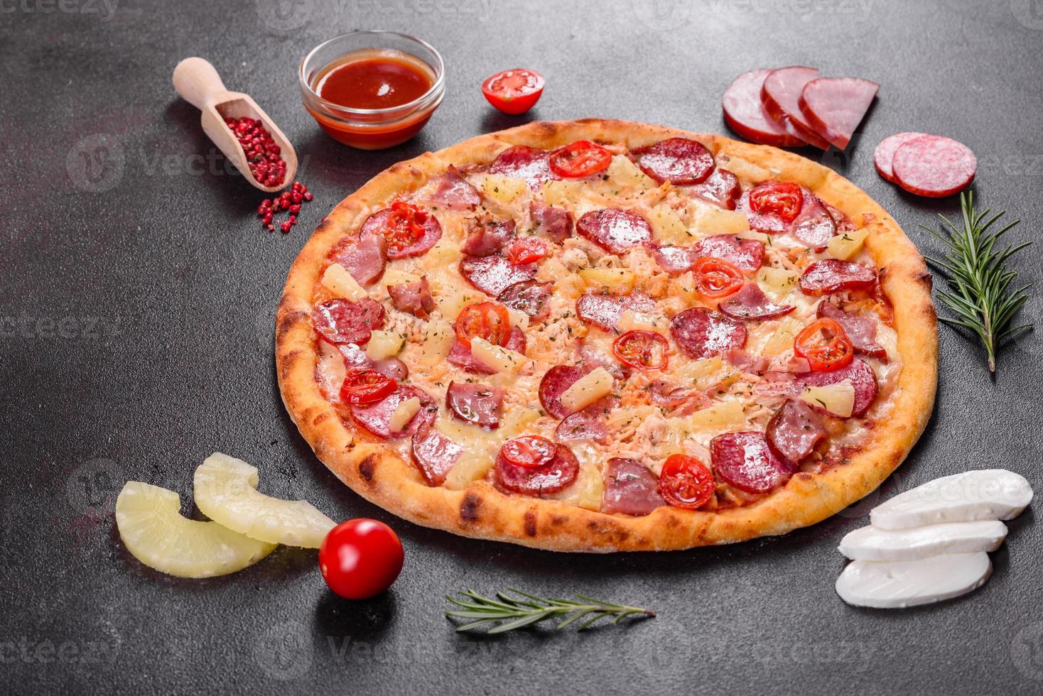 Pepperoni Pizza with Mozzarella cheese, salami, ham photo