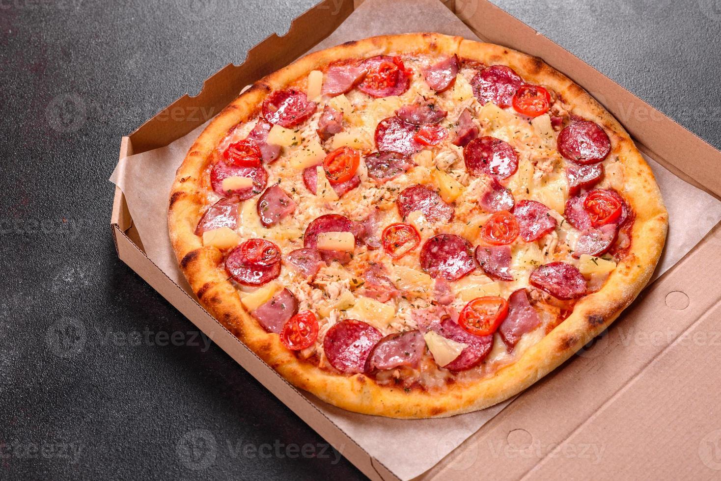 Pepperoni Pizza with Mozzarella cheese, salami, ham photo