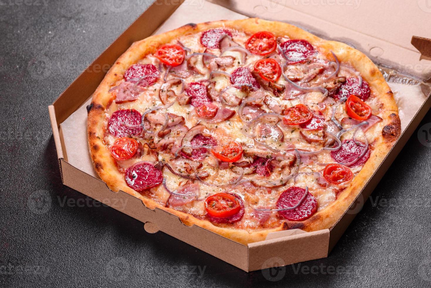 Pepperoni Pizza with Mozzarella cheese, salami, ham photo