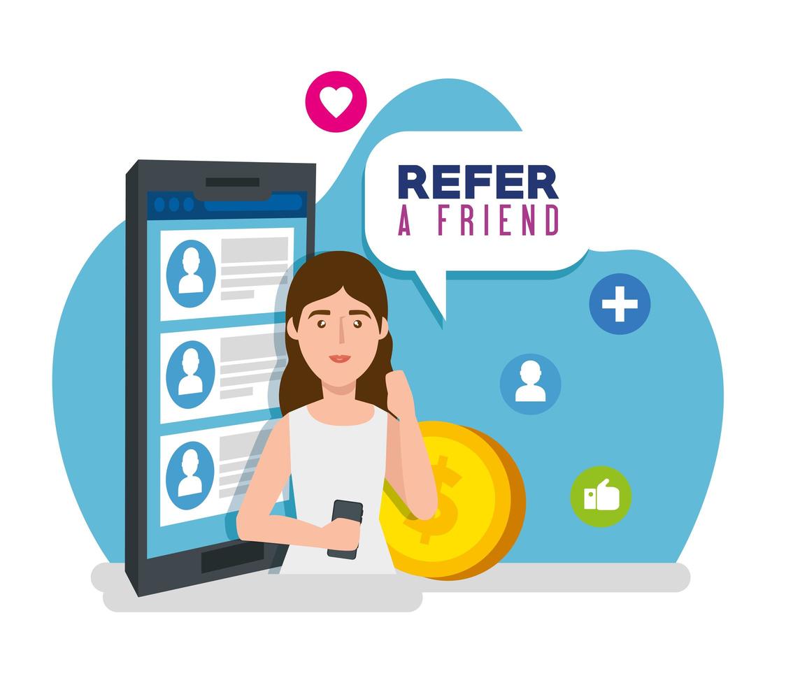 poster of refer a friend with young woman and smartphone vector