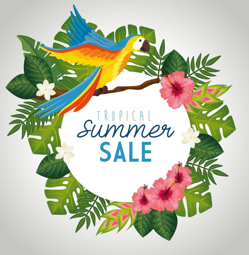 tropical summer sale with frame of flowers and animal exotic vector