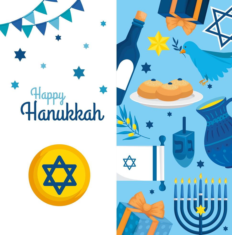 feliz hanukkah con decoración de set vector