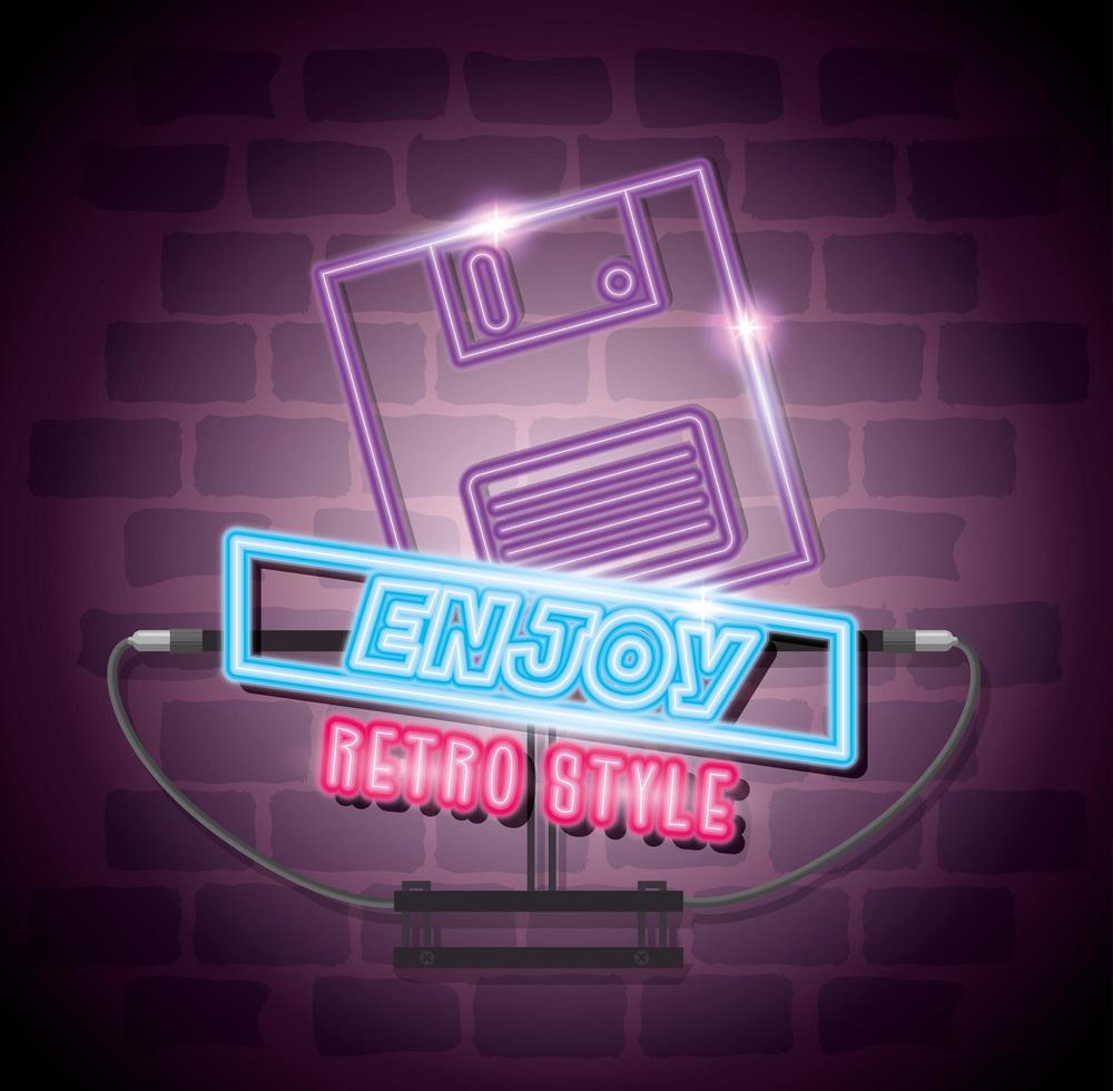 poster of enjoy retro style with floppy disk of neon light vector