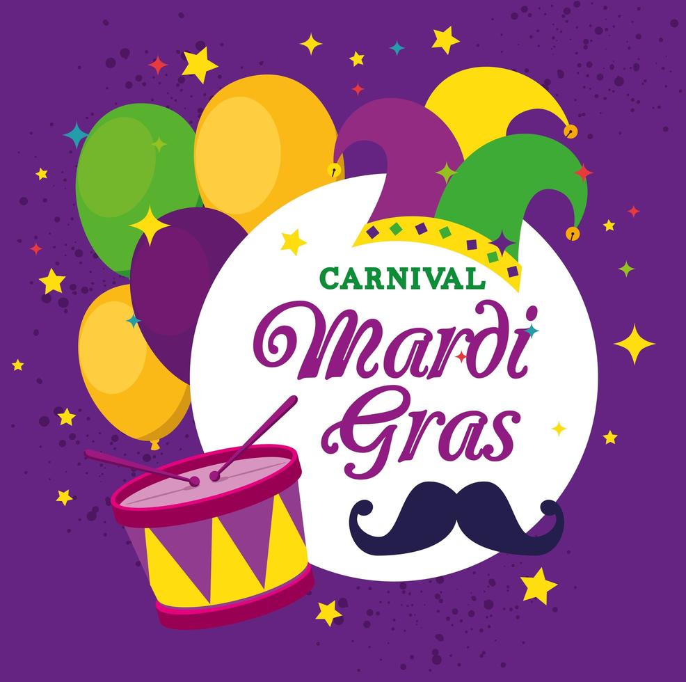 Mardi gras hat drum and balloons design vector