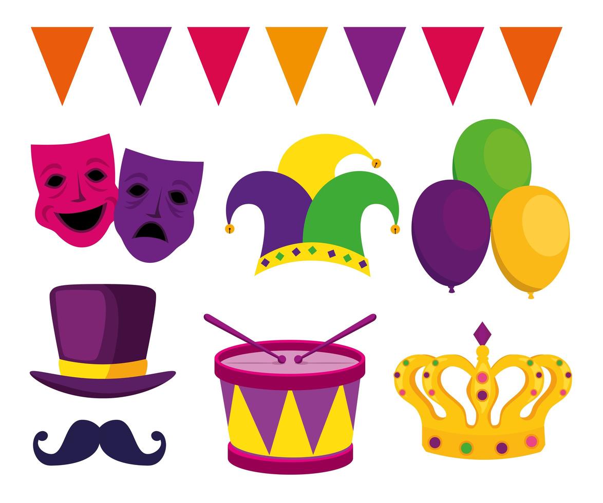 Mardi Gras aislado diseño vectorial conjunto de iconos vector