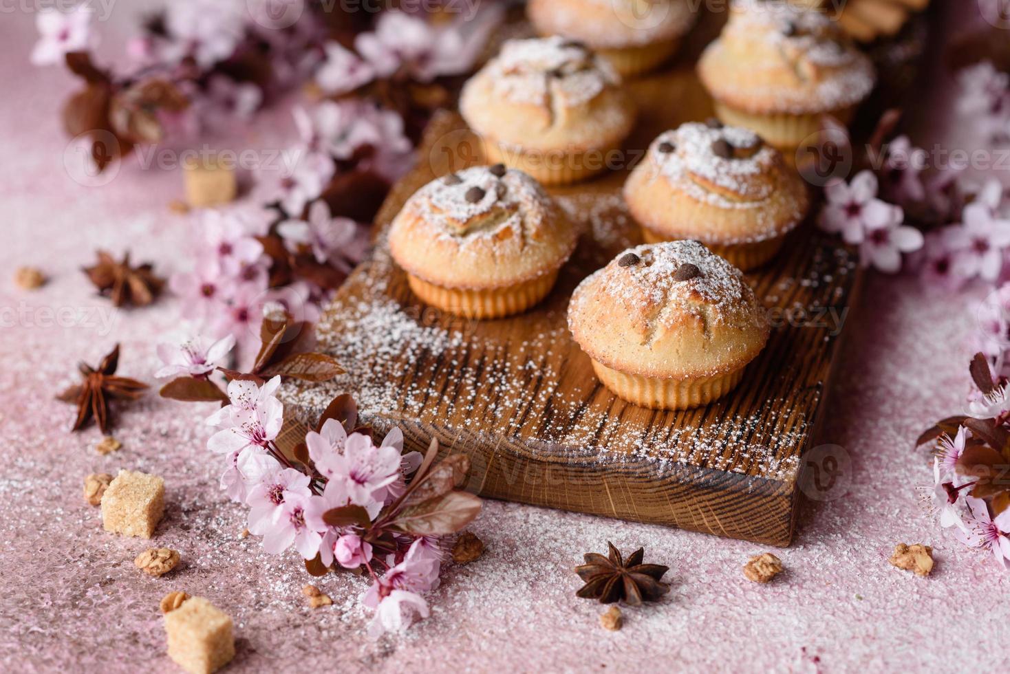 Fresh baked cupcakes of rice flour with banana and vanilla photo