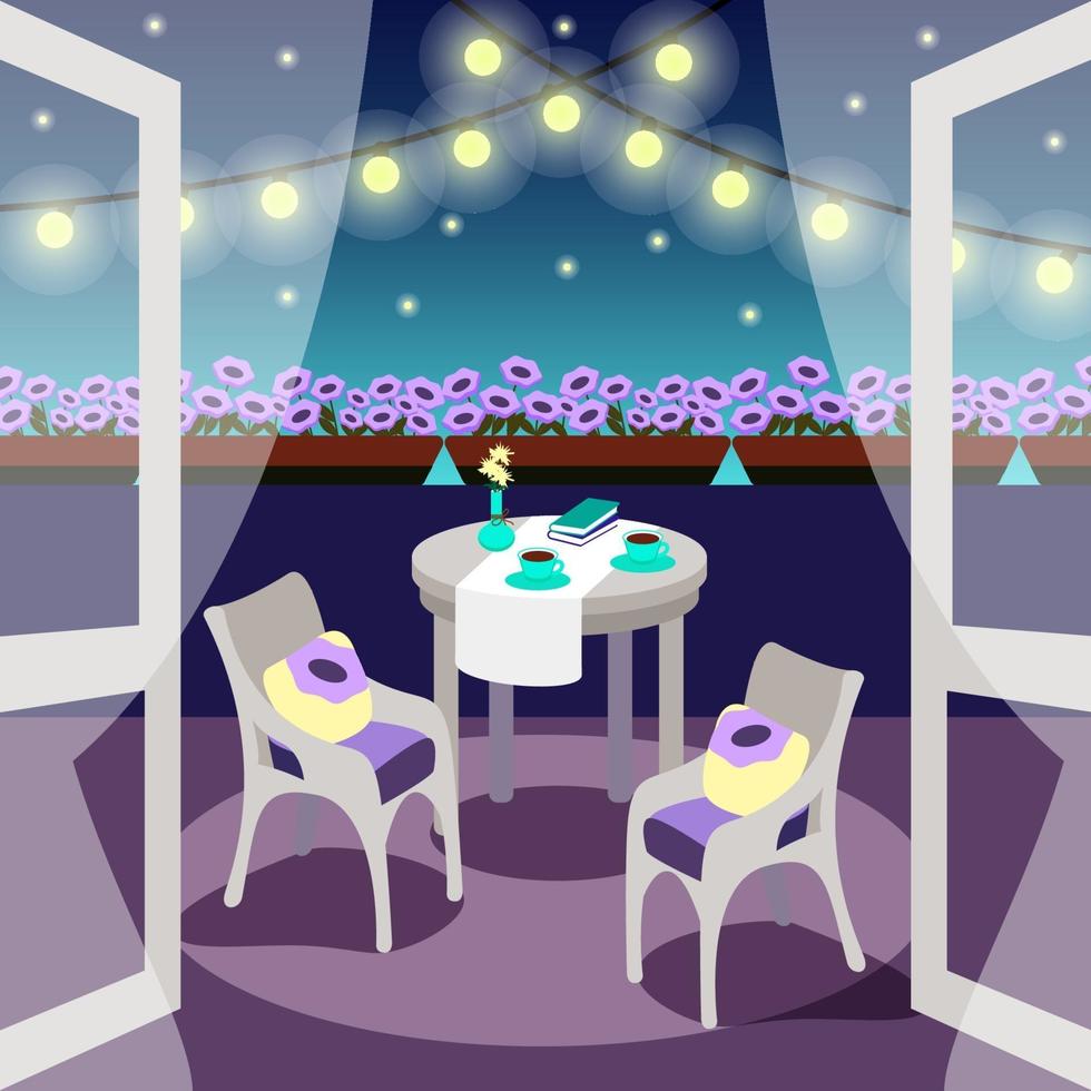 Night cozy balcony for relax, and chill out. Vector flat illustration