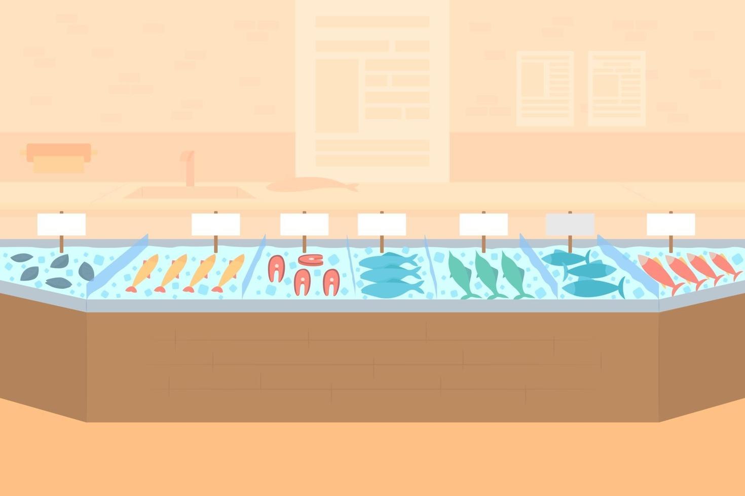 Market stall with seafood flat color vector illustration