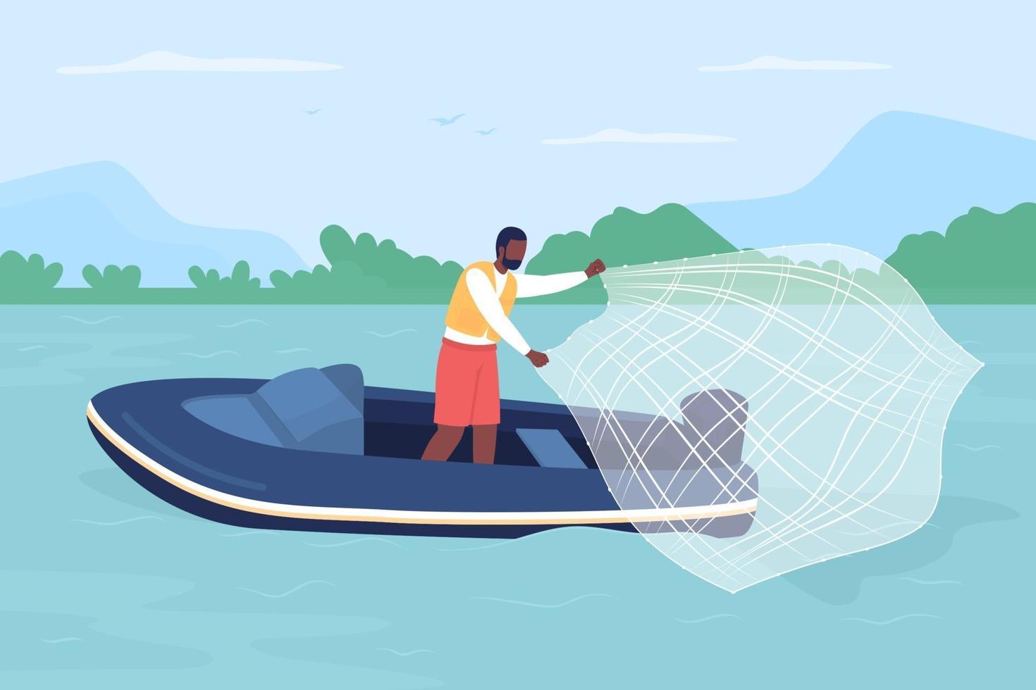Catching fish with casting net flat color vector illustration
