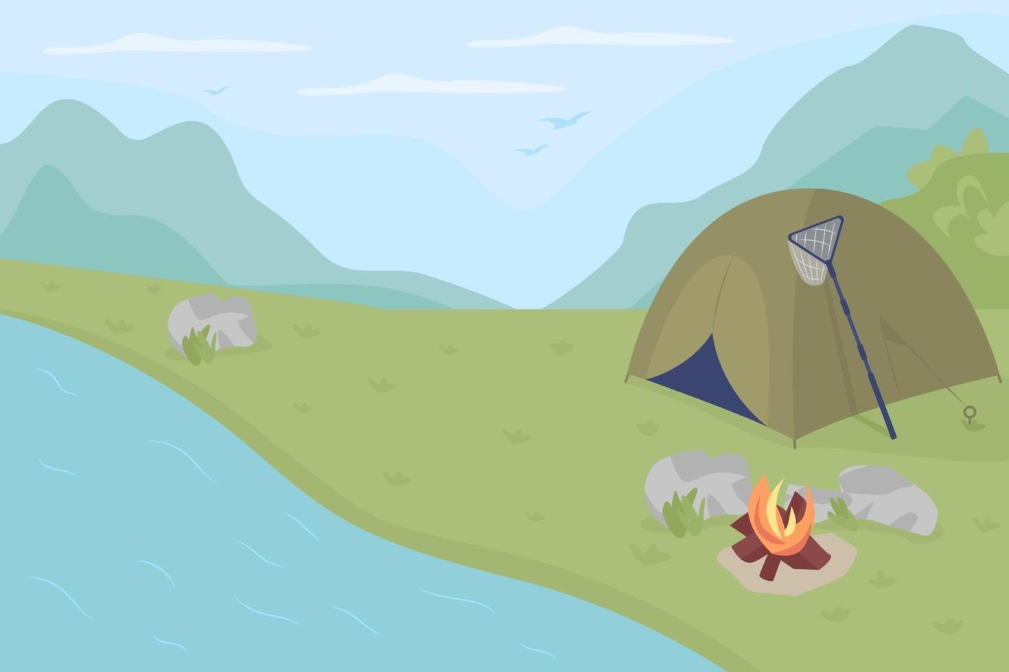 Fishing camp flat color vector illustration