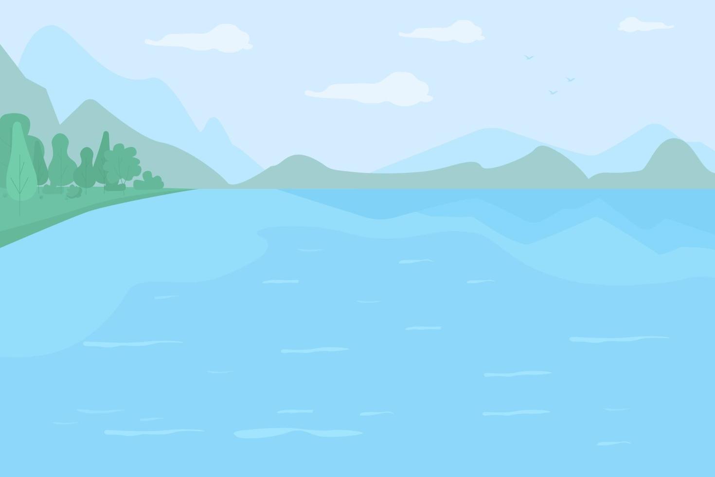 Large lake surrounded by hills flat color vector illustration