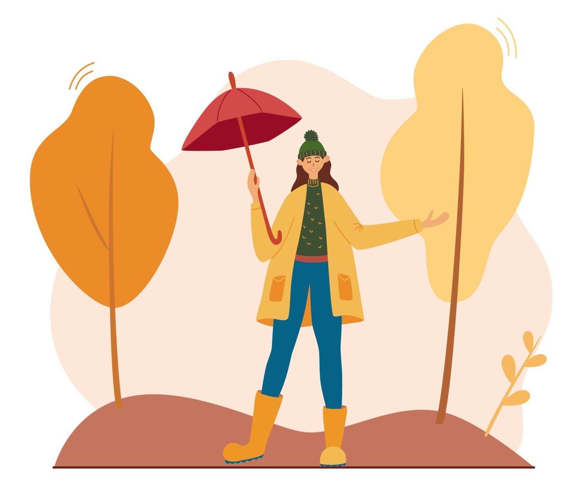 Girl with an umbrella in the park. Outdoor walking. vector