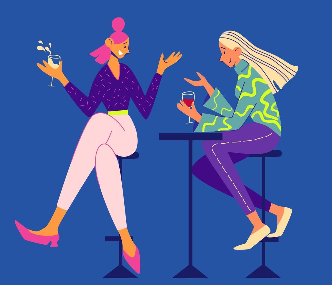 Two young girls talking and drinking in a cafe. Female friendship. vector