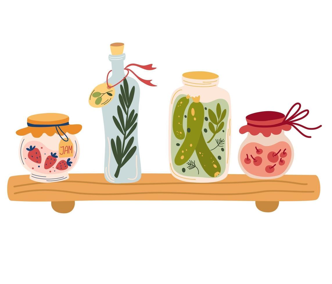 Shelf with jam and various jars. Compotes pickles jam olive oil vector