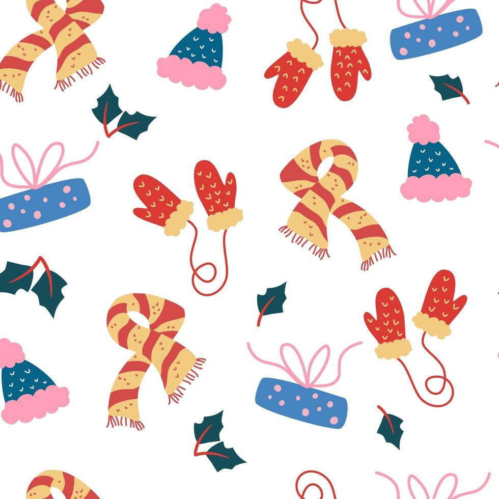 Seamless pattern with winter clothing.  Cozy warm seasonal clothing. vector