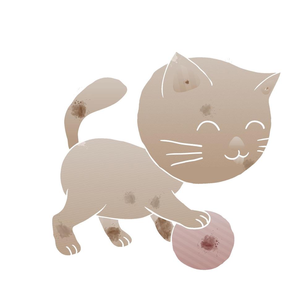 lindo gatito gatito jugando a la pelota estilo artístico de acuarela vector