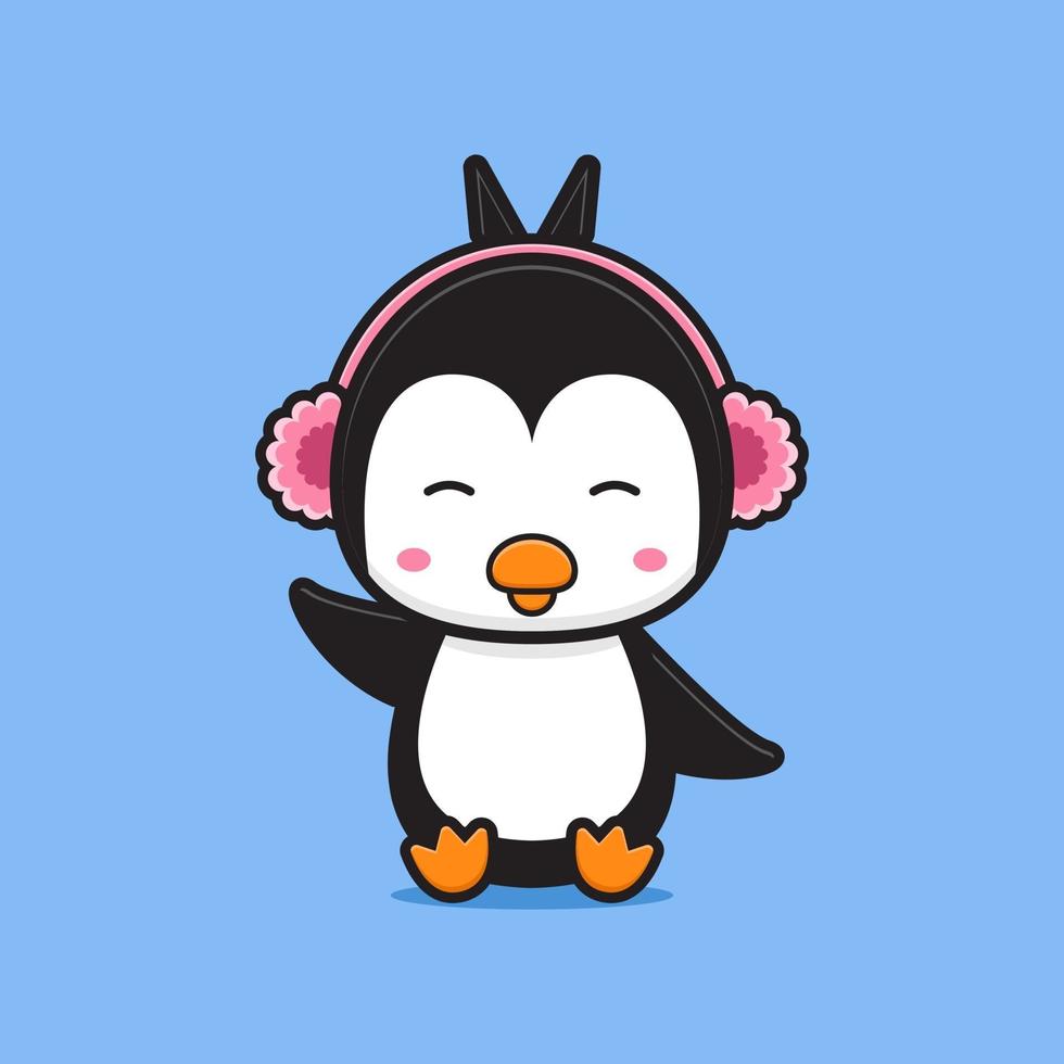 Cute penguin listening music cartoon icon illustration vector