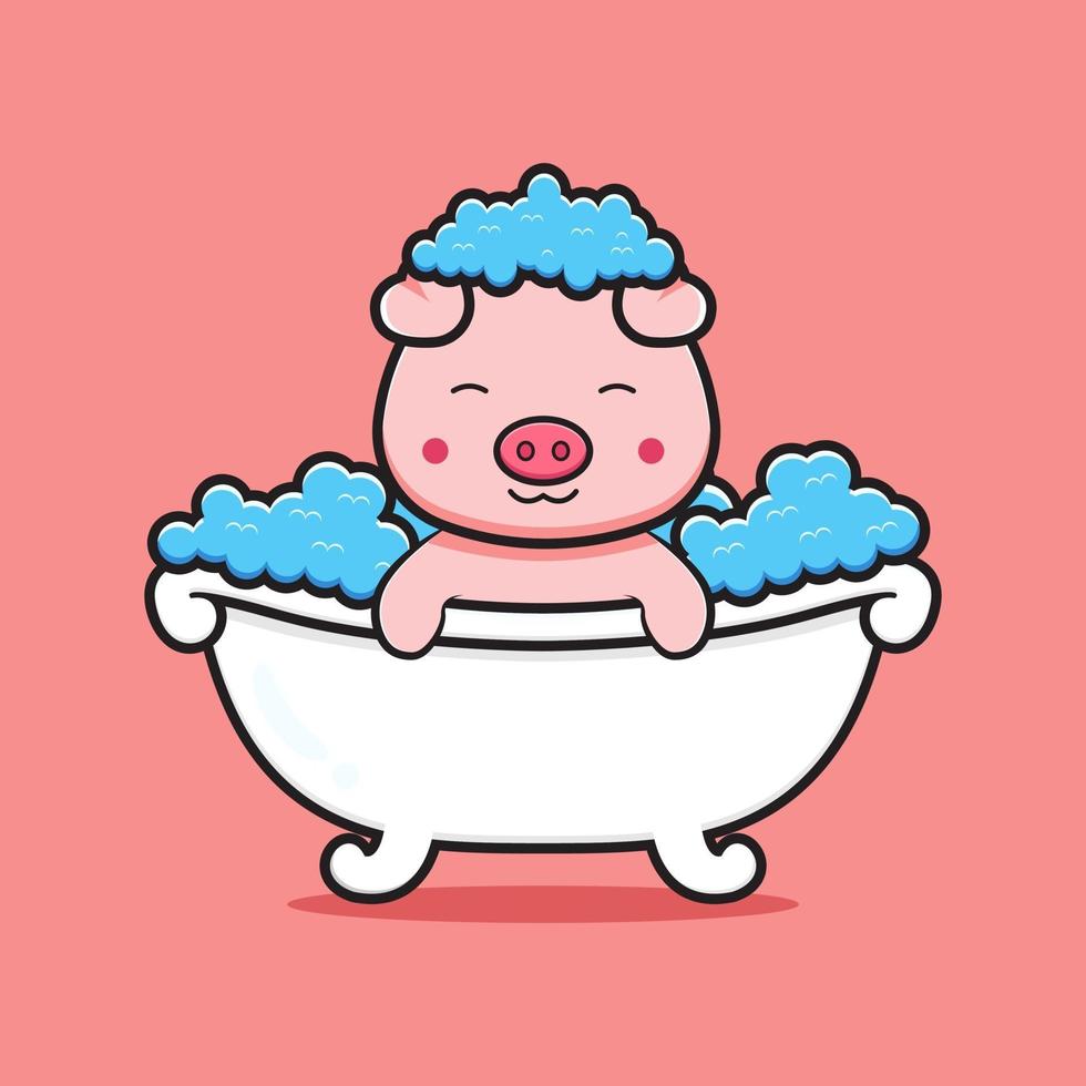 Cute pig take a bath cartoon icon illustration vector