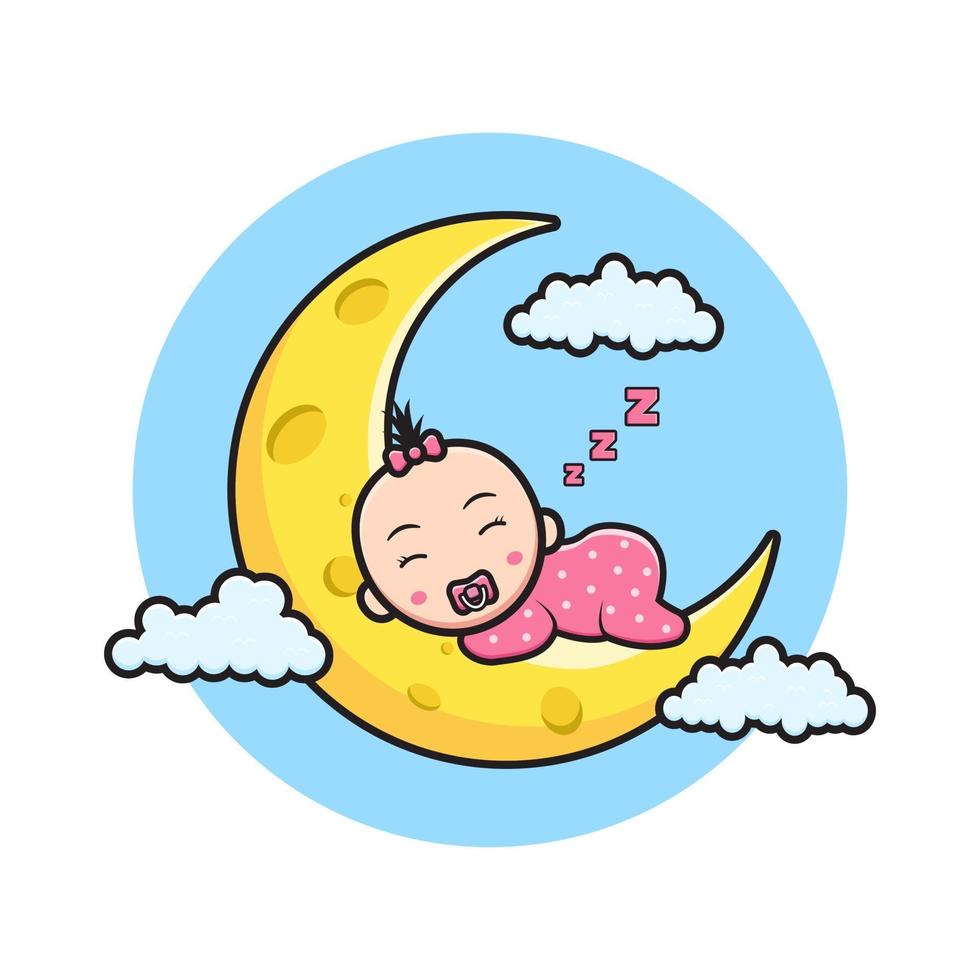 Cute baby sleeping on the moon cartoon icon illustration vector