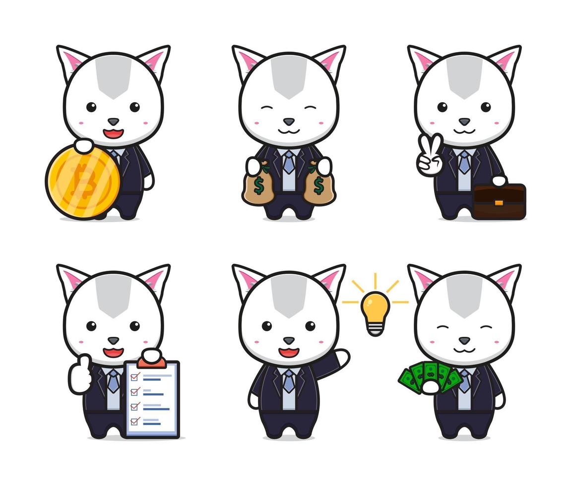 Set collection of cute cat business theme cartoon icon illustration vector