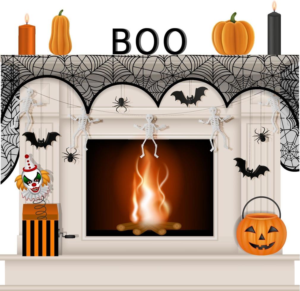 white fireplace with halloween decorations vector