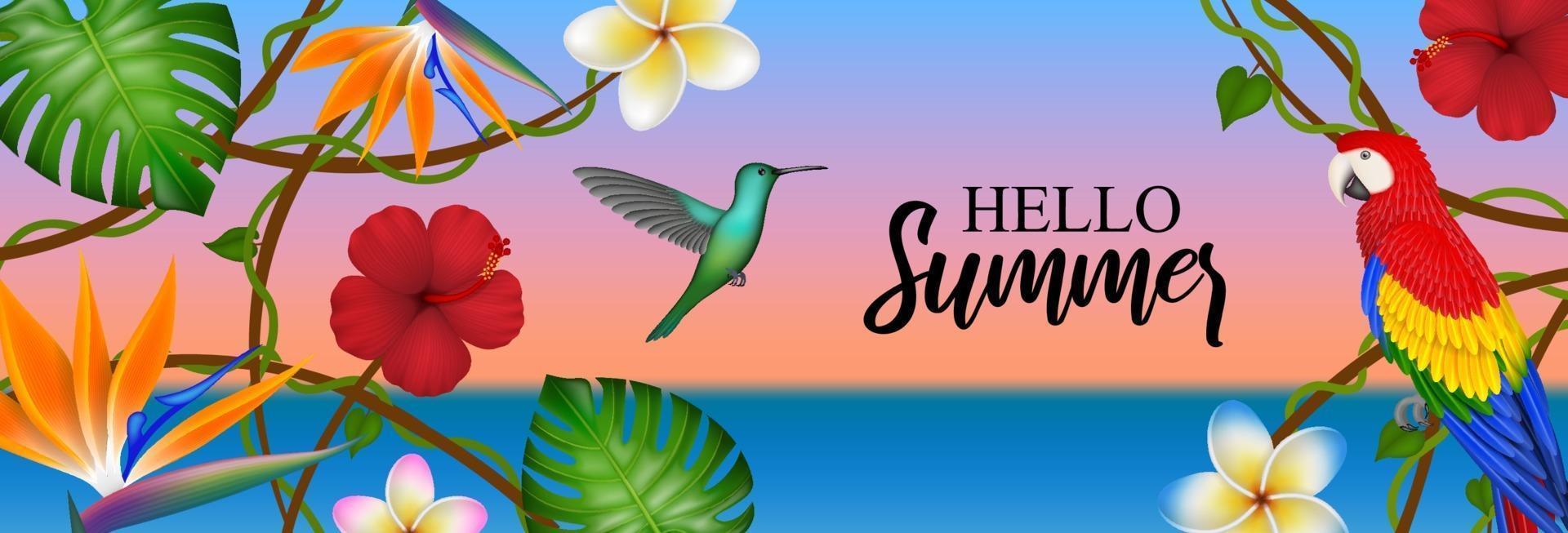 hello summer banner with tropical flowers, birds and leaves vector