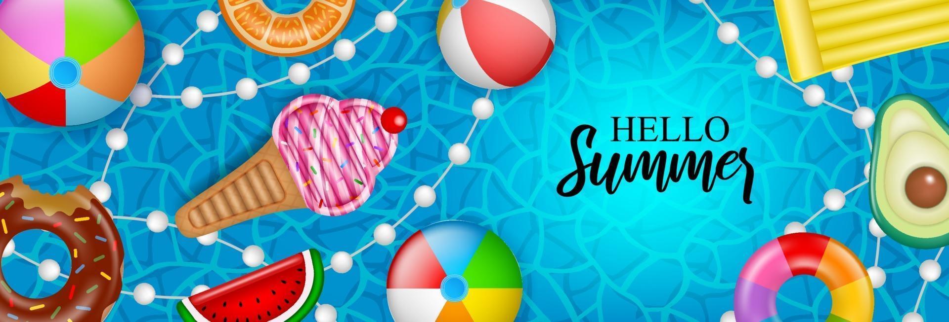 Hello summer banner with inflatables on water background vector