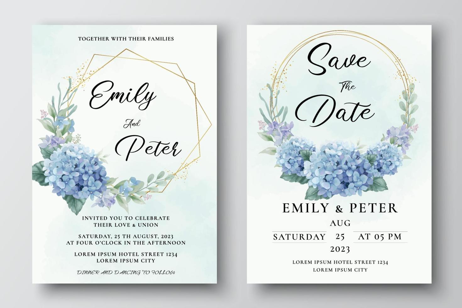 plantilla de invitación de boda con flores de hortensia vector