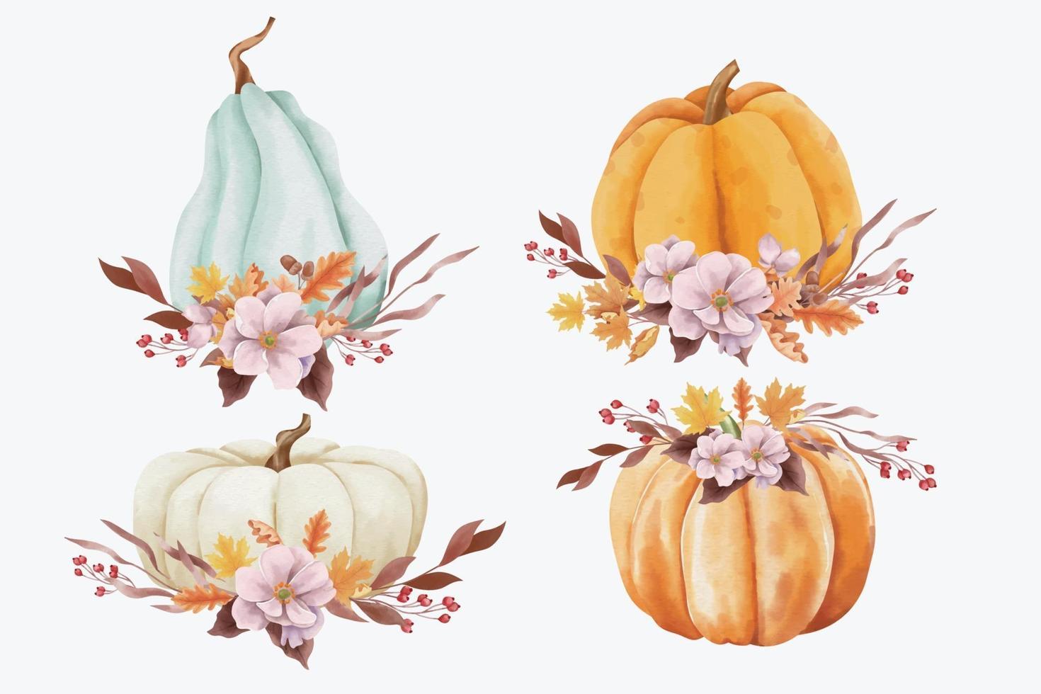 calabazas de otoño y hojas en estilo acuarela. vector