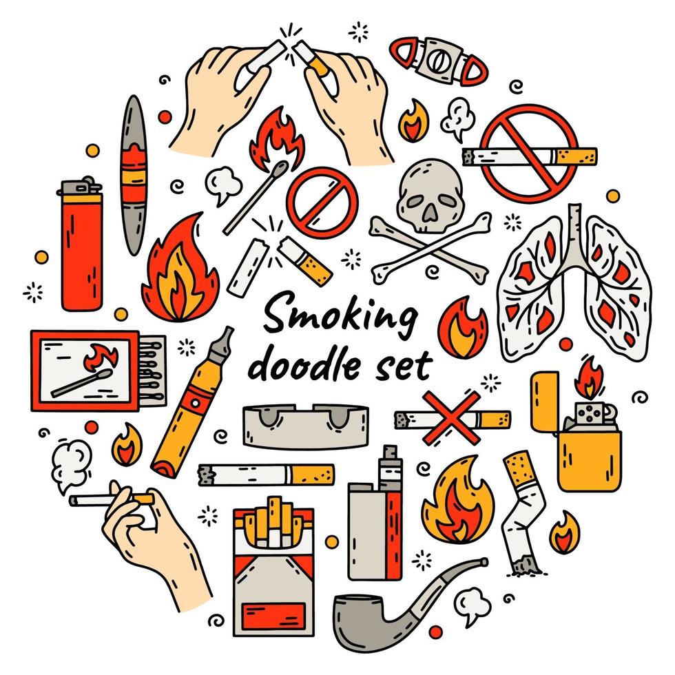 Conjunto de iconos de vector de fumar cigarrillos de malos hábitos