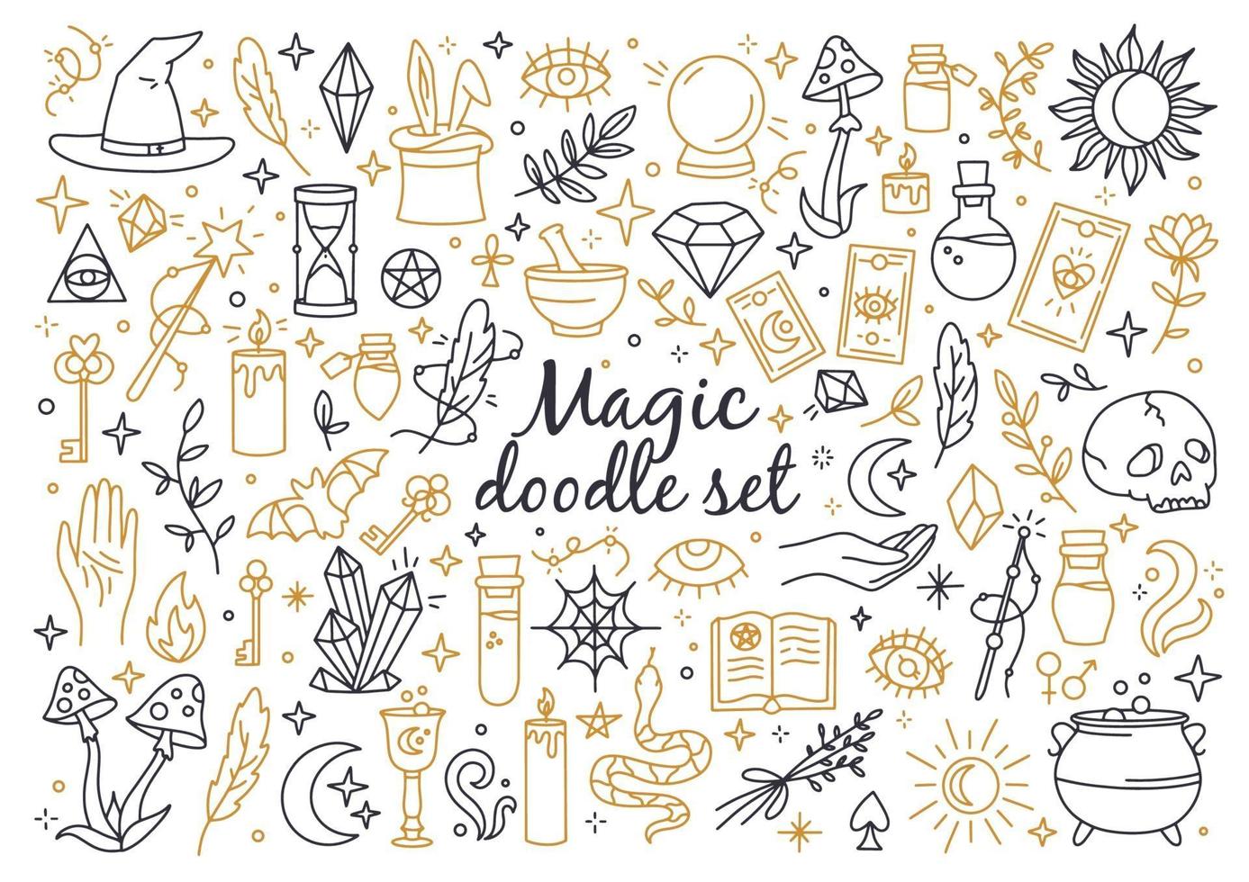 A magical and witchcraft set of doodle style icons vector
