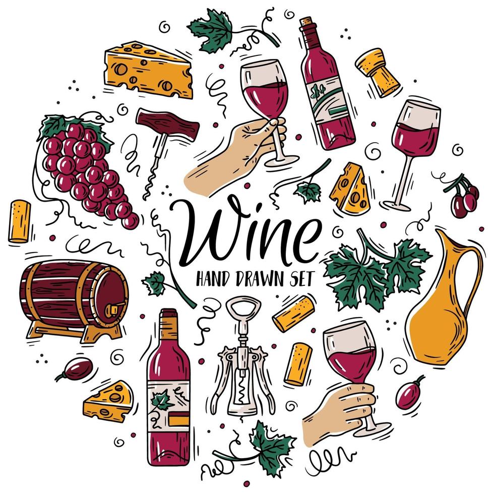 Vector circular color set with wine and cheese in Doodle sketch style.