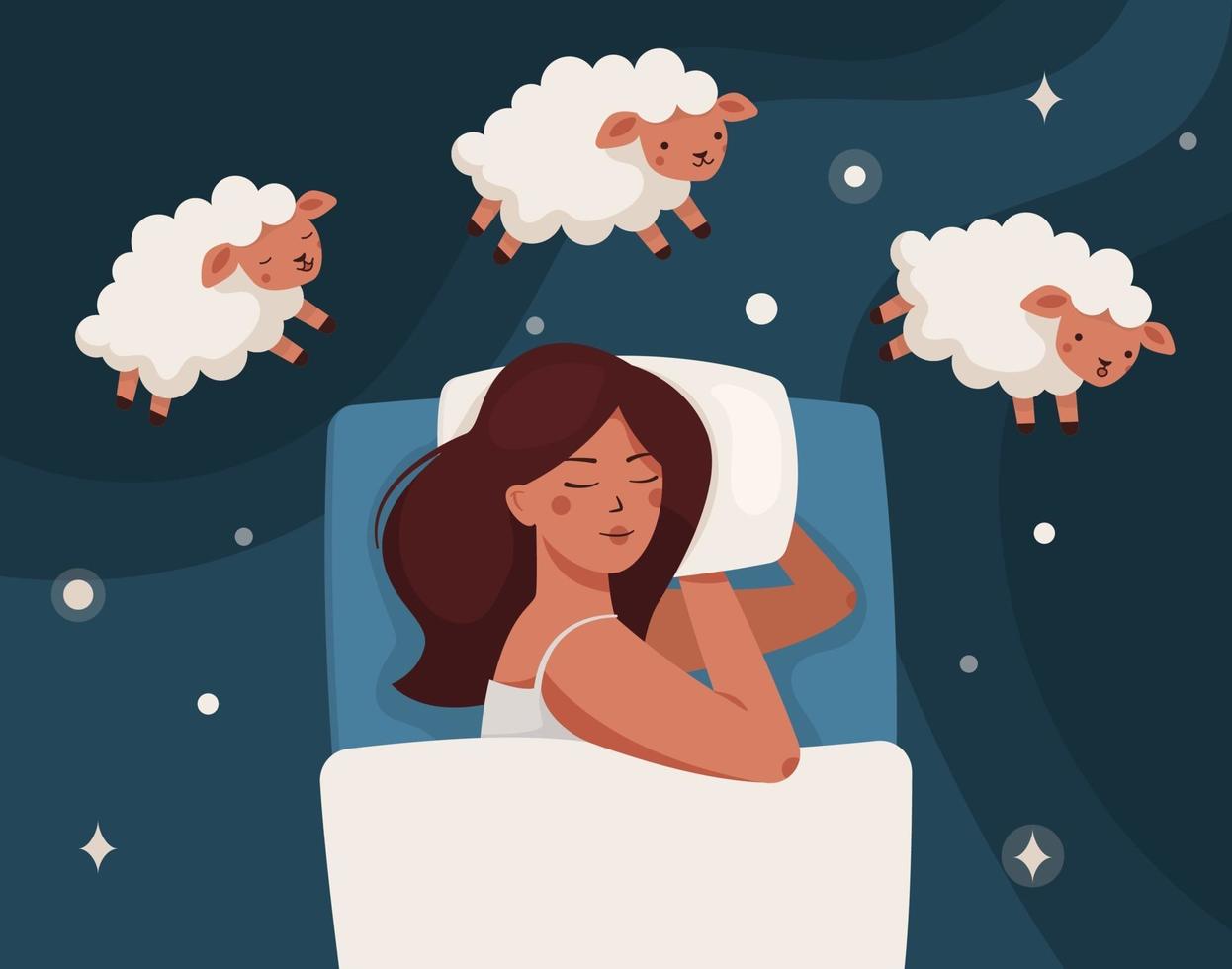 una mujer se duerme y cuenta ovejas. insomnio vector