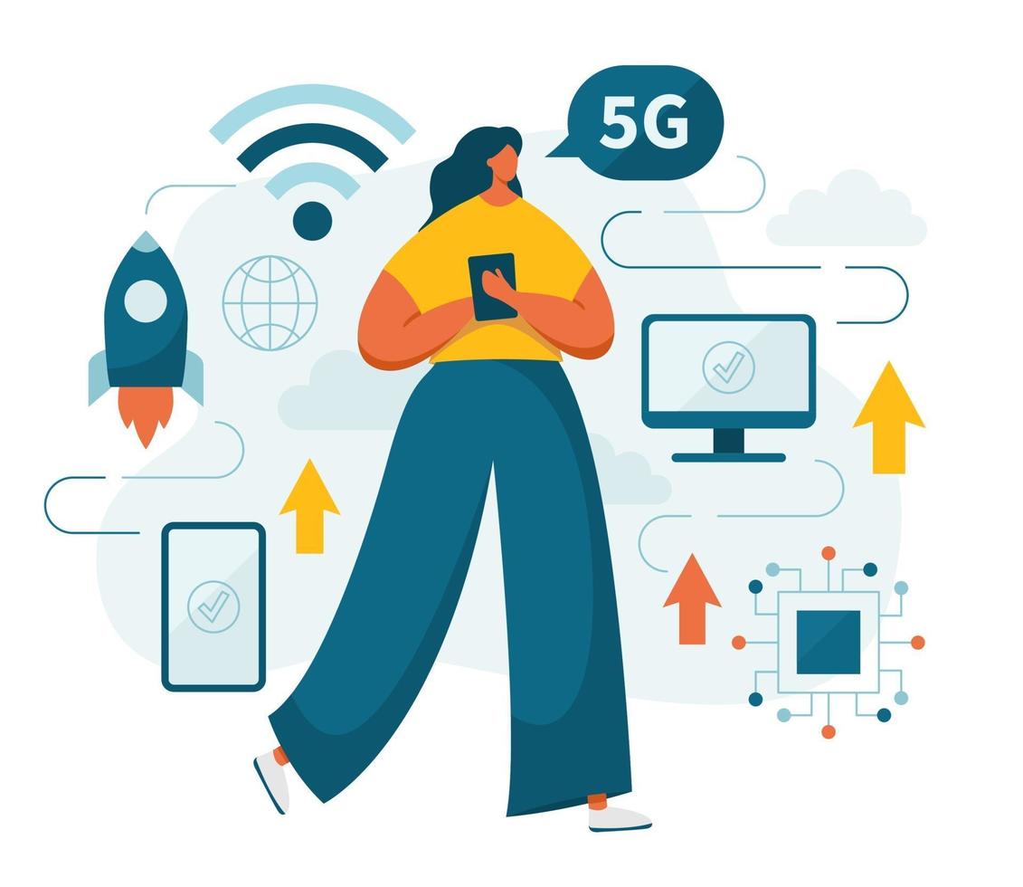 5g network fifth generation high speed and woman vector