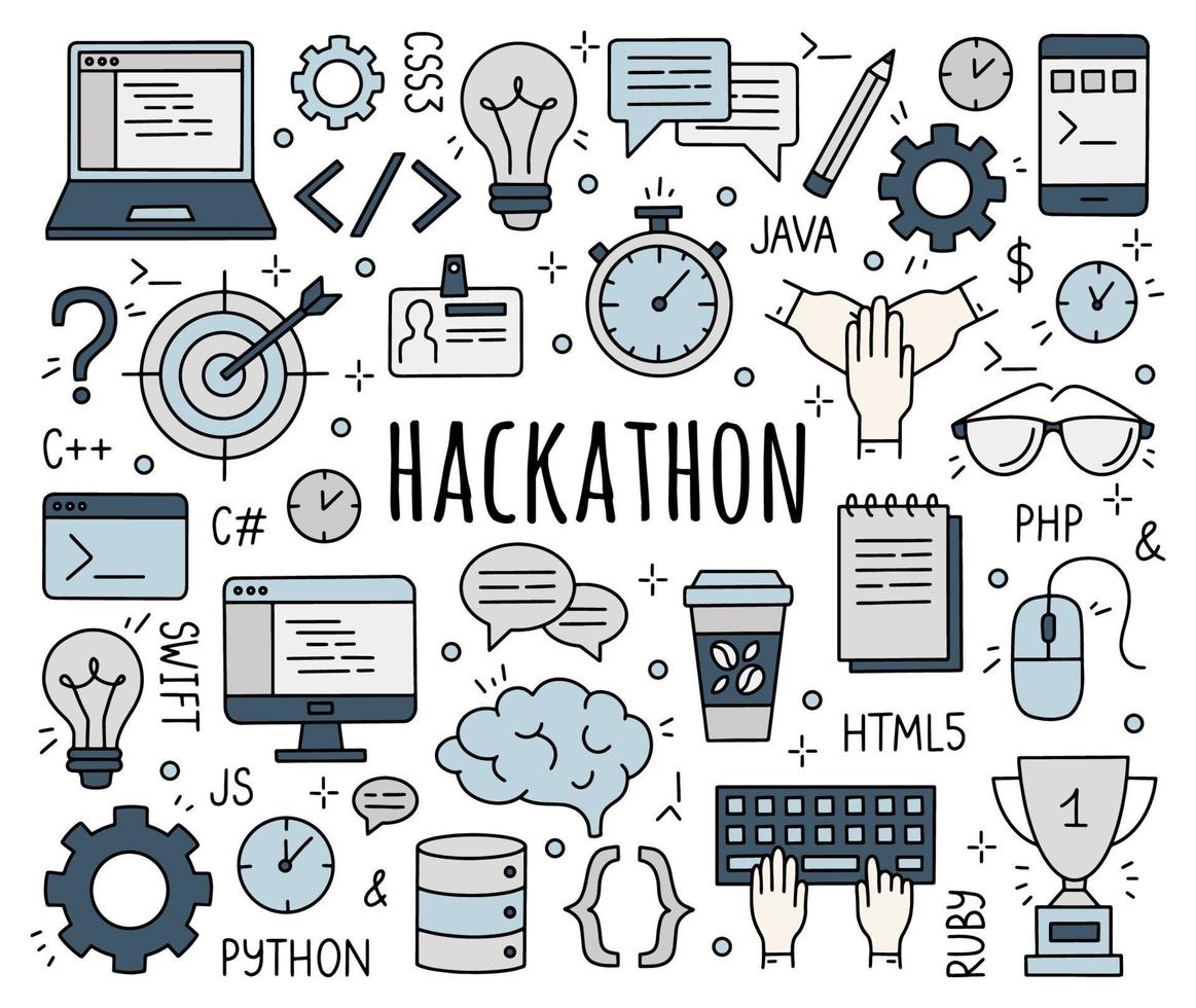 hackathon y codefest conjunto de iconos de estilo doodle. vector