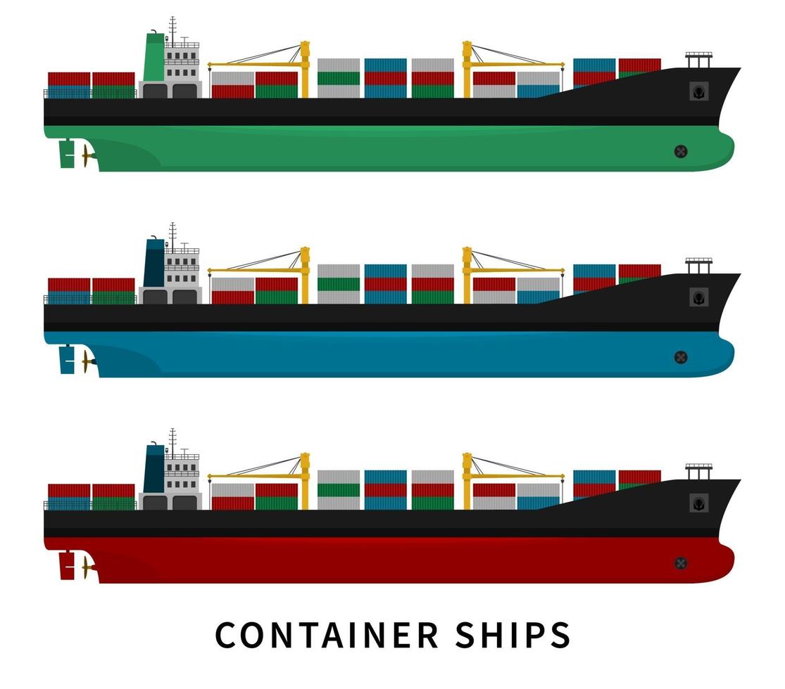 Red green blue container cargo ship set vector