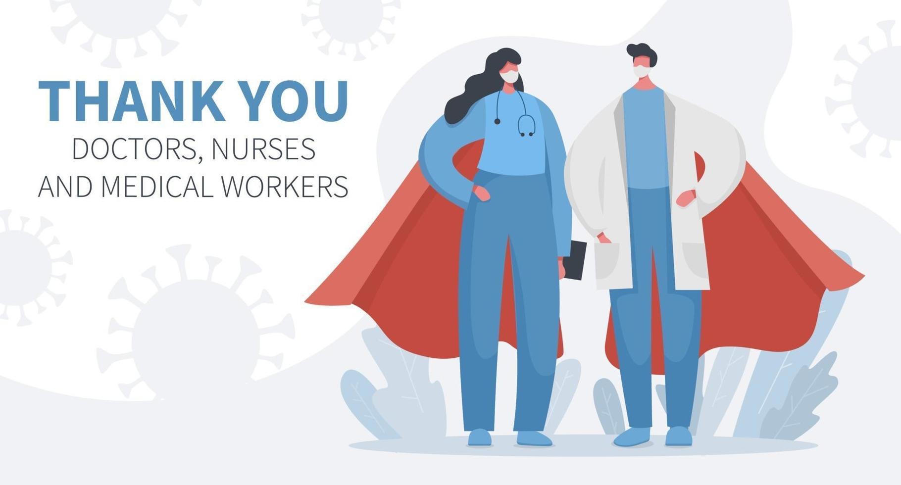 Doctors and nurses superheroes and covid 19 banner vector