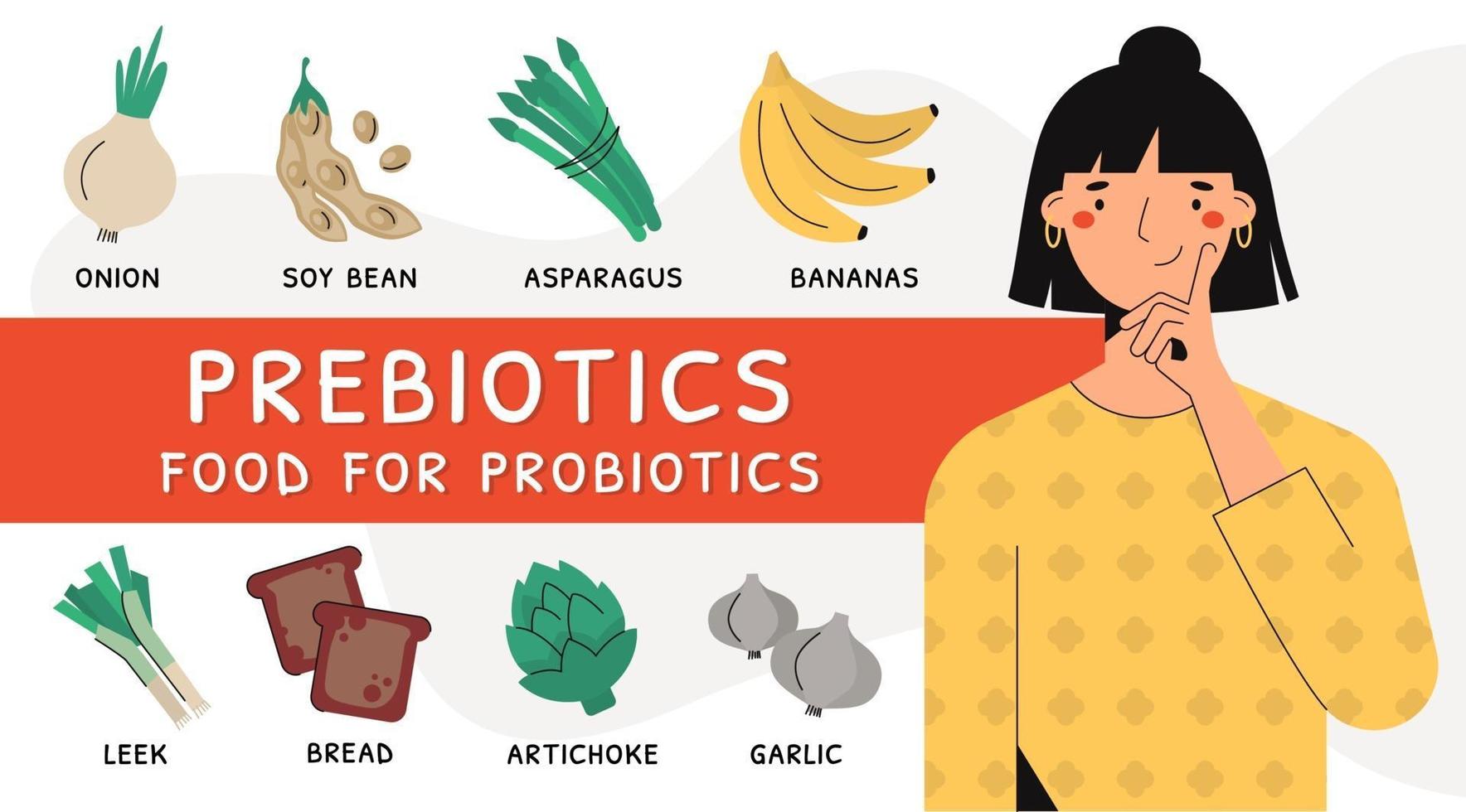 mujer y fuentes de productos de bacterias prebióticas vector