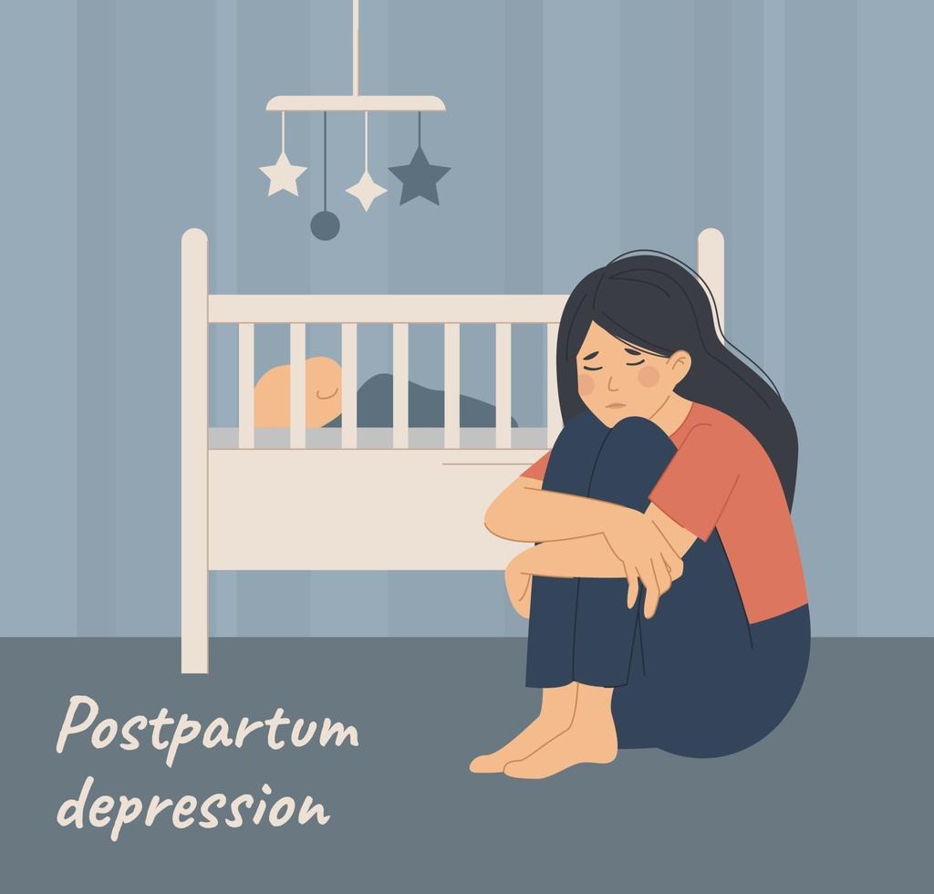 Postpartum depression, tired woman sits near baby vector