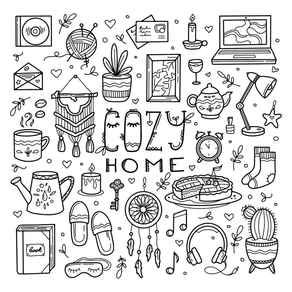 Sweet cozy home icon set, hand drawing doodle vector