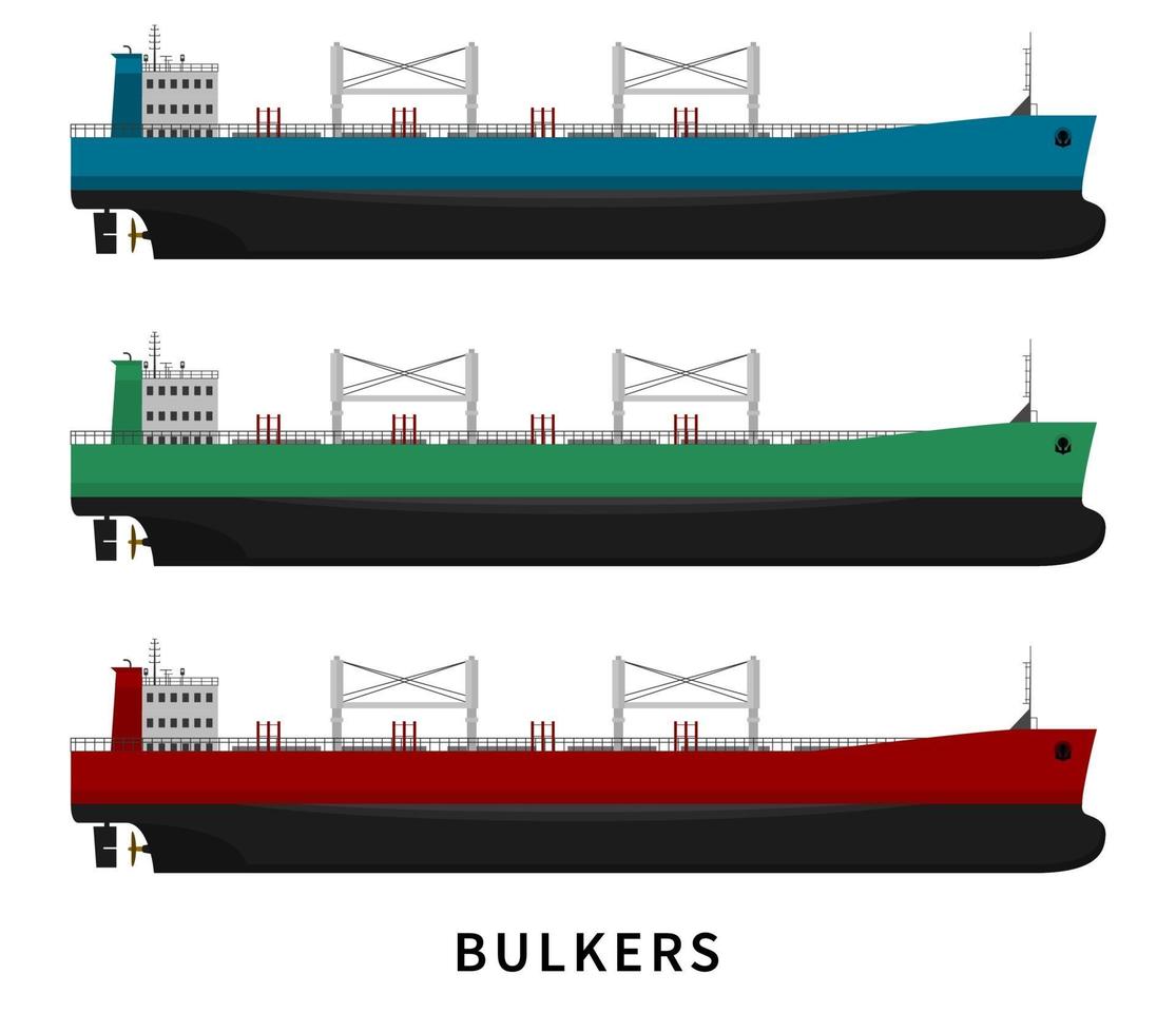 Red green blue bulker cargo ship set. vector